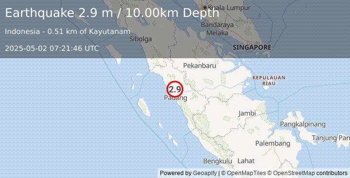 Earthquake SOUTHERN SUMATRA, INDONESIA (2.9 m) (2025-05-02 07:21:46 UTC)