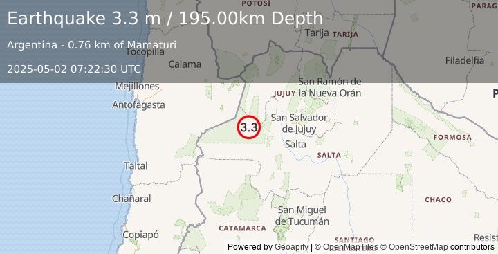 Earthquake SALTA, ARGENTINA (3.3 m) (2025-05-02 07:22:30 UTC)