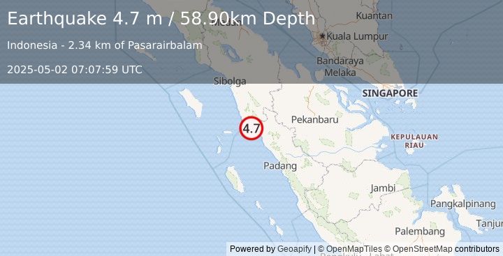 Earthquake NORTHERN SUMATRA, INDONESIA (4.7 m) (2025-05-02 07:07:59 UTC)
