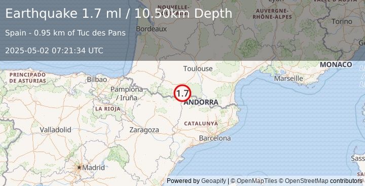 Earthquake PYRENEES (1.7 ml) (2025-05-02 07:21:34 UTC)