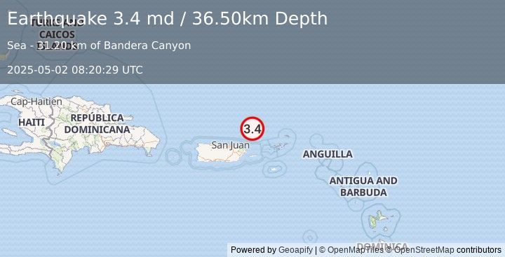 Earthquake PUERTO RICO REGION (3.4 md) (2025-05-02 08:20:29 UTC)