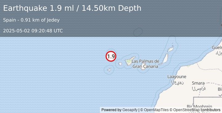 Earthquake CANARY ISLANDS, SPAIN REGION (1.6 ml) (2025-05-02 09:20:06 UTC)