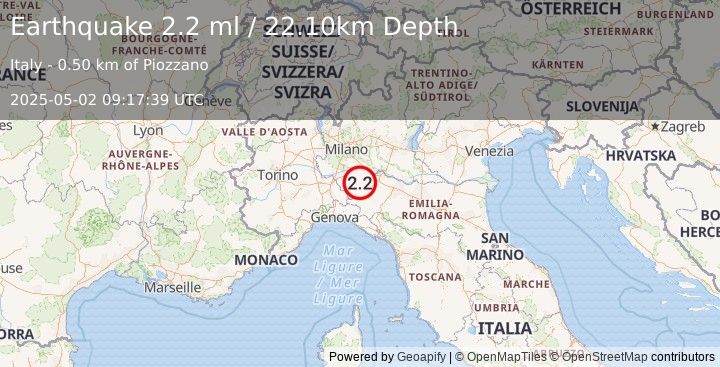 Earthquake NORTHERN ITALY (2.2 ml) (2025-05-02 09:17:39 UTC)
