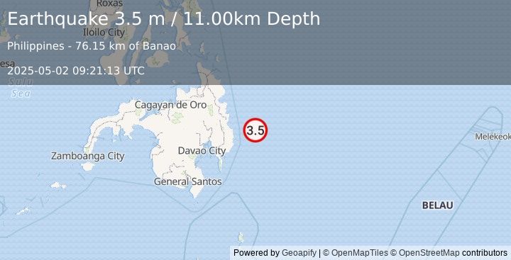 Earthquake PHILIPPINE ISLANDS REGION (3.5 m) (2025-05-02 09:21:13 UTC)