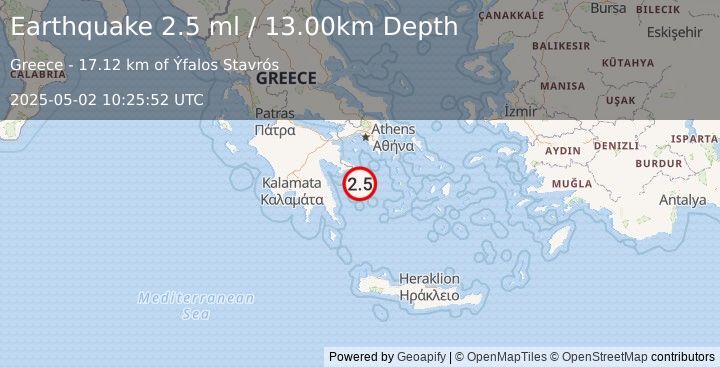 Earthquake SOUTHERN GREECE (2.5 ml) (2025-05-02 10:25:52 UTC)