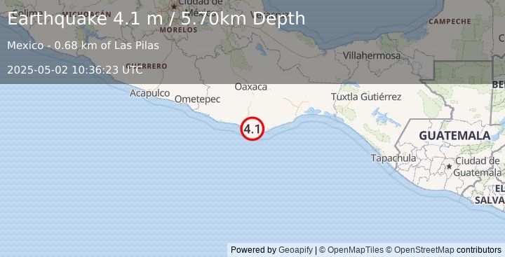 Earthquake OAXACA, MEXICO (4.1 m) (2025-05-02 10:36:23 UTC)