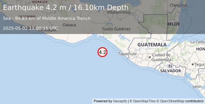 Earthquake OFF COAST OF CHIAPAS, MEXICO (4.2 m) (2025-05-02 11:00:15 UTC)