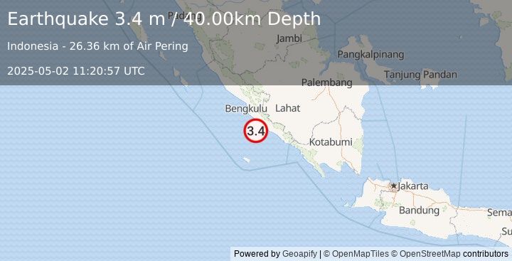 Earthquake SOUTHERN SUMATRA, INDONESIA (3.4 m) (2025-05-02 11:20:57 UTC)