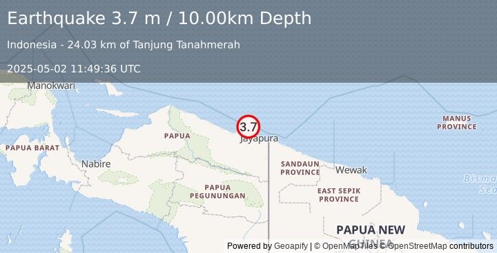 Earthquake NEAR N COAST OF PAPUA, INDONESIA (3.7 m) (2025-05-02 11:49:36 UTC)
