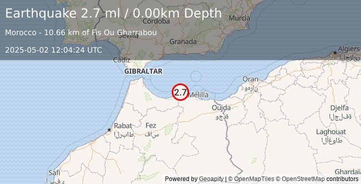 Earthquake STRAIT OF GIBRALTAR (2.7 ml) (2025-05-02 12:04:24 UTC)