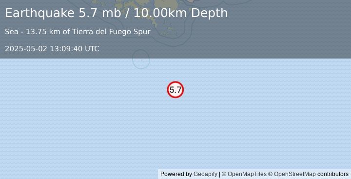 Earthquake DRAKE PASSAGE (5.7 mb) (2025-05-02 13:09:40 UTC)