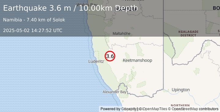 Earthquake NAMIBIA (3.6 m) (2025-05-02 14:27:52 UTC)