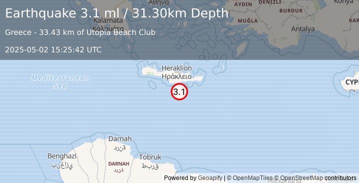 Earthquake CRETE, GREECE (3.1 ml) (2025-05-02 15:25:42 UTC)