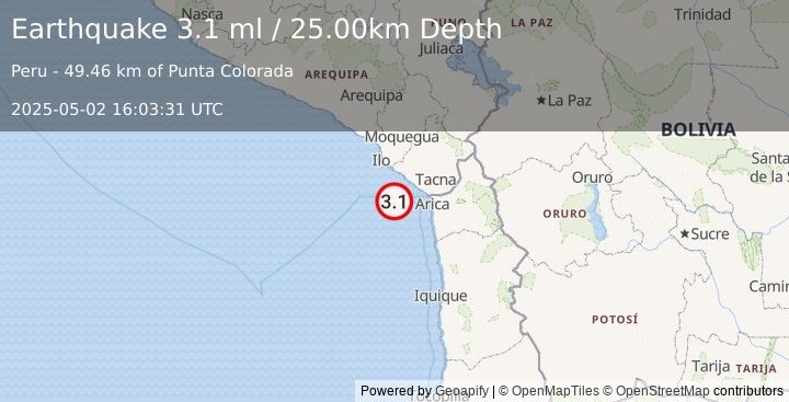 Earthquake OFF COAST OF TARAPACA, CHILE (3.1 ml) (2025-05-02 16:03:31 UTC)