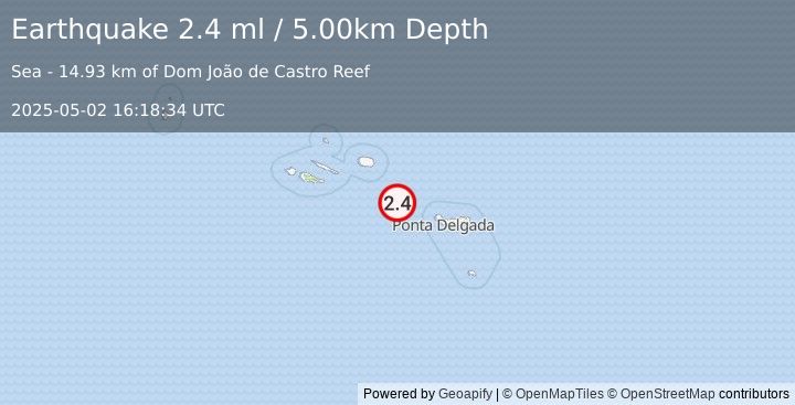 Earthquake AZORES ISLANDS, PORTUGAL (2.4 ml) (2025-05-02 16:18:34 UTC)