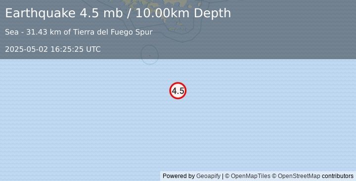 Earthquake DRAKE PASSAGE (4.5 mb) (2025-05-02 16:25:25 UTC)