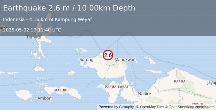 Earthquake NEAR N COAST OF PAPUA, INDONESIA (2.6 m) (2025-05-02 17:11:40 UTC)