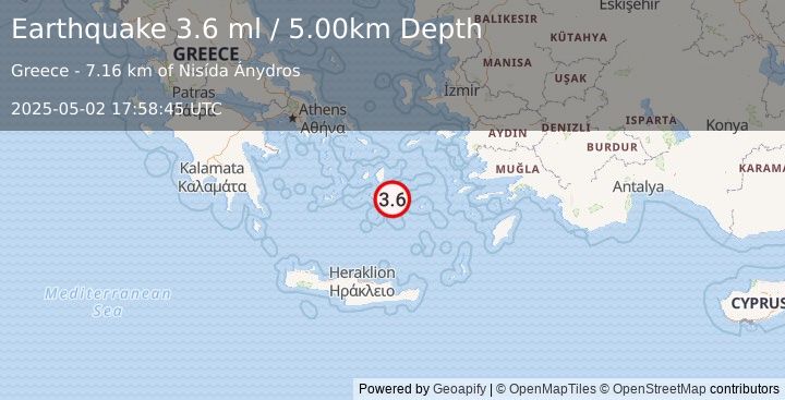 Earthquake DODECANESE ISLANDS, GREECE (3.6 ml) (2025-05-02 17:58:44 UTC)