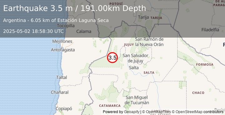 Earthquake SALTA, ARGENTINA (3.3 m) (2025-05-02 18:58:40 UTC)