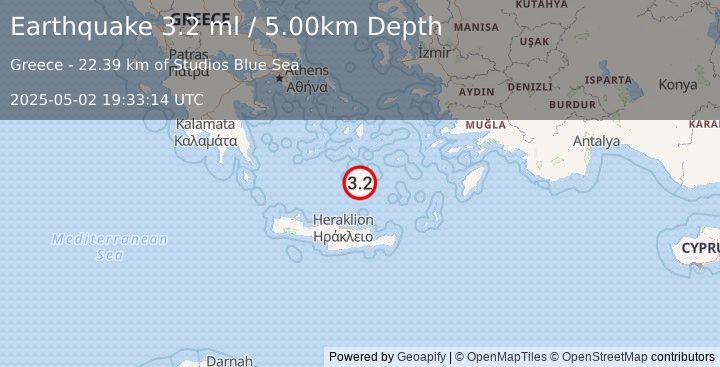 Earthquake DODECANESE ISLANDS, GREECE (3.2 ml) (2025-05-02 19:33:14 UTC)