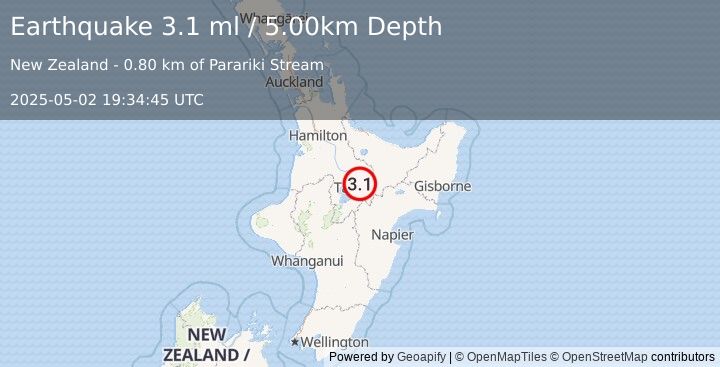 Earthquake NORTH ISLAND OF NEW ZEALAND (3.1 ml) (2025-05-02 19:34:45 UTC)