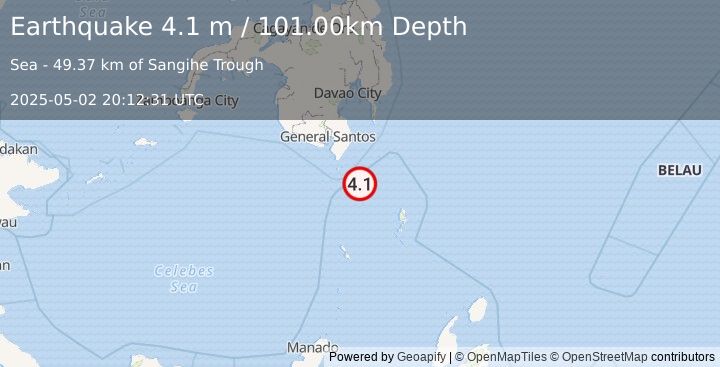 Earthquake MINDANAO, PHILIPPINES (4.1 m) (2025-05-02 20:12:31 UTC)
