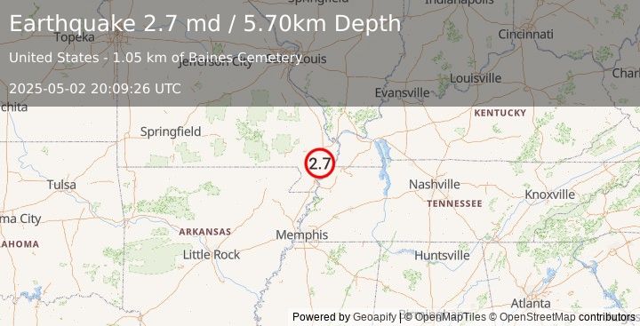 Earthquake SOUTHEASTERN MISSOURI (2.5 md) (2025-05-02 20:09:27 UTC)