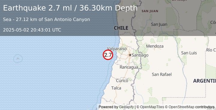 Earthquake OFFSHORE VALPARAISO, CHILE (2.7 ml) (2025-05-02 20:43:01 UTC)
