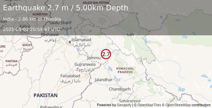Earthquake KASHMIR-INDIA BORDER REGION (2.7 m) (2025-05-02 20:59:47 UTC)