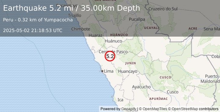 Earthquake CENTRAL PERU (5.2 ml) (2025-05-02 21:18:53 UTC)