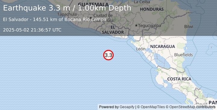 Earthquake OFF COAST OF CENTRAL AMERICA (3.3 m) (2025-05-02 21:36:57 UTC)