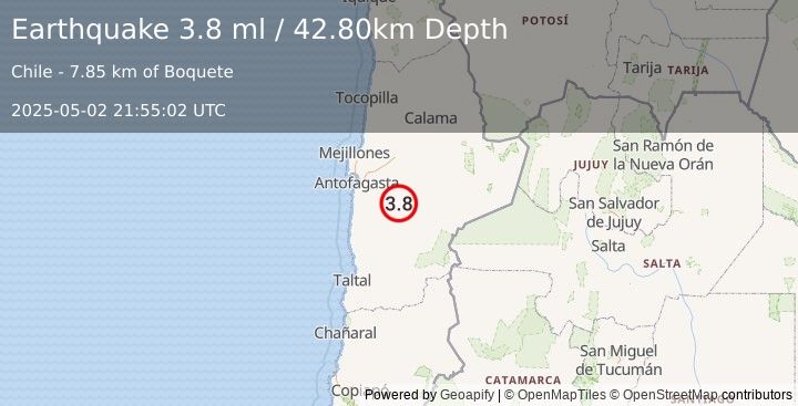 Earthquake ANTOFAGASTA, CHILE (3.8 ml) (2025-05-02 21:55:00 UTC)
