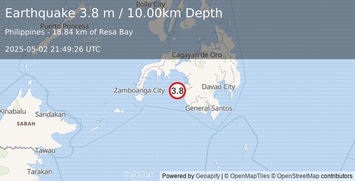 Earthquake MORO GULF, MINDANAO, PHILIPPINES (3.8 m) (2025-05-02 21:49:26 UTC)