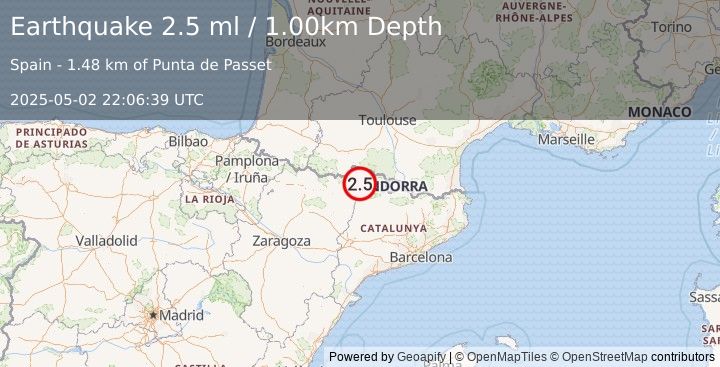 Earthquake PYRENEES (2.5 ml) (2025-05-02 22:06:39 UTC)