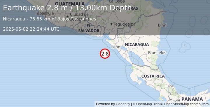 Earthquake NEAR COAST OF NICARAGUA (2.8 m) (2025-05-02 22:24:44 UTC)