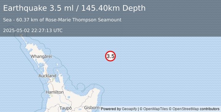 Earthquake OFF E. COAST OF N. ISLAND, N.Z. (3.5 ml) (2025-05-02 22:27:13 UTC)