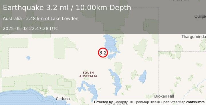 Earthquake SOUTH AUSTRALIA (3.2 ml) (2025-05-02 22:47:28 UTC)