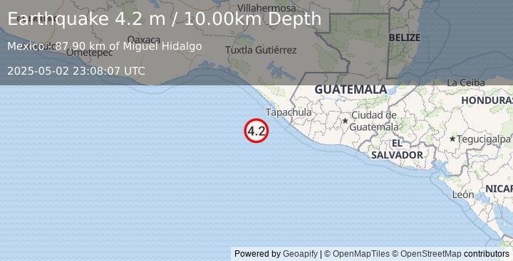 Earthquake OFFSHORE CHIAPAS, MEXICO (4.2 m) (2025-05-02 23:08:07 UTC)