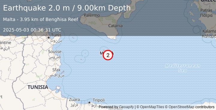 Earthquake MALTA REGION (2.0 m) (2025-05-03 00:36:31 UTC)