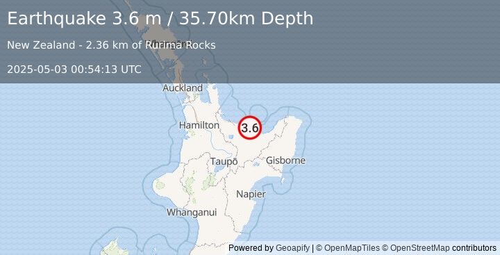Earthquake NORTH ISLAND OF NEW ZEALAND (3.6 m) (2025-05-03 00:54:13 UTC)