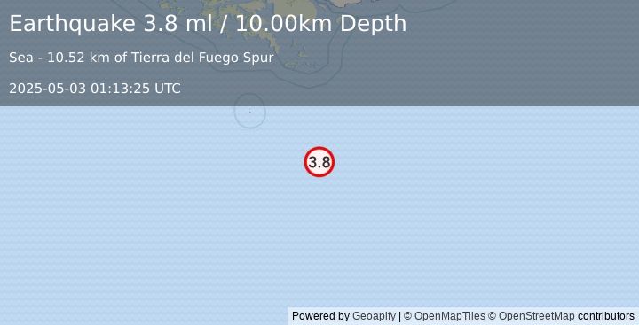 Earthquake DRAKE PASSAGE (3.8 ml) (2025-05-03 01:13:25 UTC)