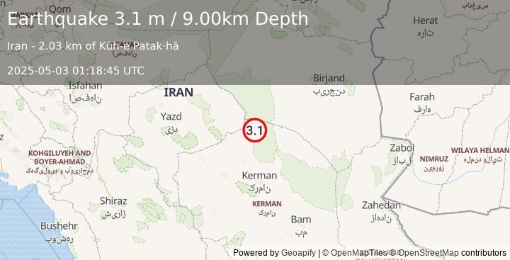 Earthquake CENTRAL IRAN (3.1 m) (2025-05-03 01:18:45 UTC)