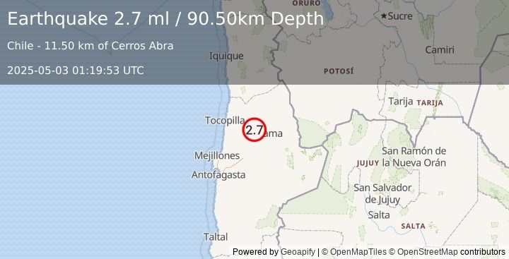 Earthquake ANTOFAGASTA, CHILE (2.7 ml) (2025-05-03 01:19:53 UTC)
