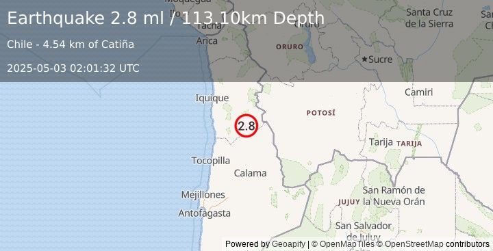Earthquake TARAPACA, CHILE (2.8 ml) (2025-05-03 02:01:32 UTC)