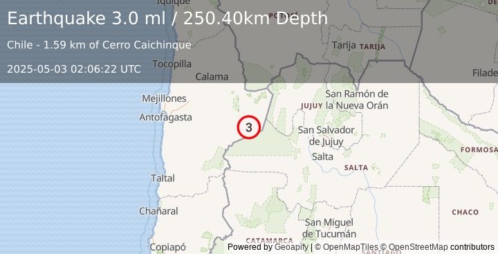 Earthquake ANTOFAGASTA, CHILE (3.0 ml) (2025-05-03 02:06:22 UTC)