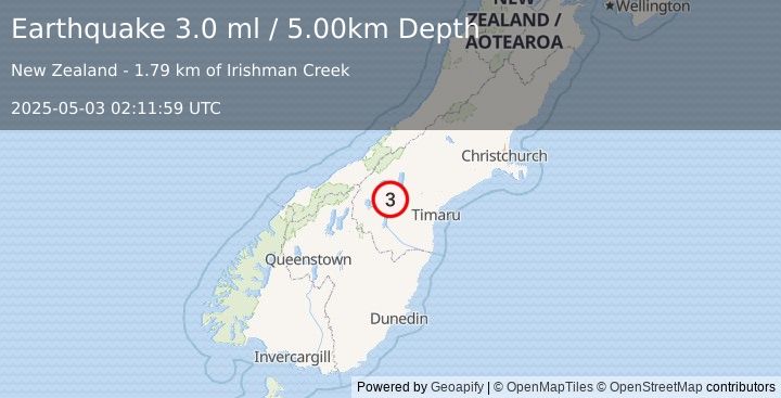 Earthquake SOUTH ISLAND OF NEW ZEALAND (3.0 ml) (2025-05-03 02:11:59 UTC)