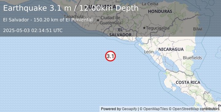 Earthquake OFF THE COAST OF EL SALVADOR (3.1 m) (2025-05-03 02:14:51 UTC)