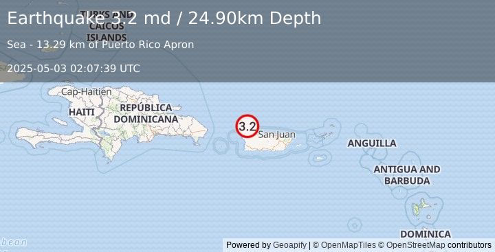Earthquake PUERTO RICO REGION (3.2 md) (2025-05-03 02:07:39 UTC)