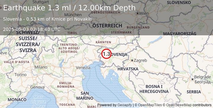 Earthquake SLOVENIA (1.3 ml) (2025-05-03 02:18:40 UTC)