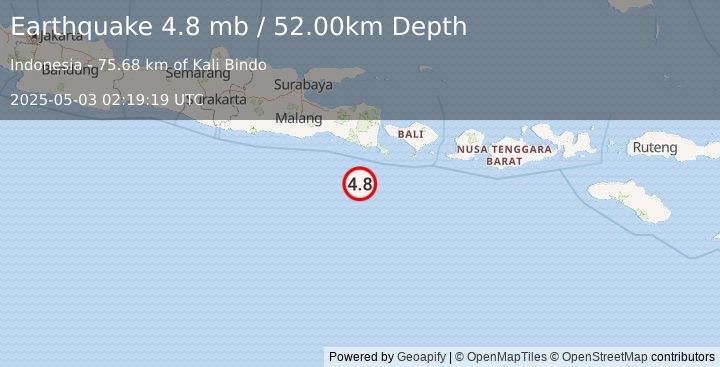 Earthquake SOUTH OF JAVA, INDONESIA (4.8 mb) (2025-05-03 02:19:19 UTC)